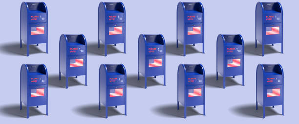 boîtes aux lettres bleues dans le style des services postaux des états-unis avec une demande de vote par correspondance et un drapeau américain. bulletin de vote postal ou bulletin de vote par correspondance. format de bannière web - marking voting ballot election presidential election photos et images de collection