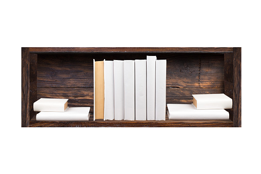 Books on a dark wood bookshelf isolated on a white background.