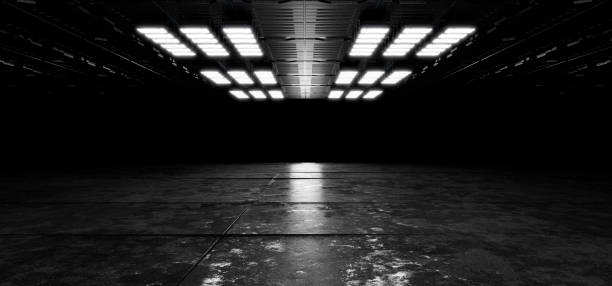 istock Dark empty hangar, garage, empty dark stage, neon light, spotlights. Technological for your product. Futuristic background. Floodlights in a metal hangar. Background for futuristic design. 3D render. 2048539915