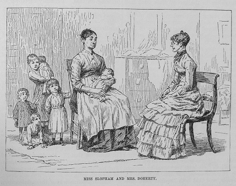Illustration from Harper's Magazine Volume LXIV December 1881 to May 1882:  A unmarried poor woman with six young children, looking tired and unkempt,  sits in conversation with a well dressed older woman while her children look on.