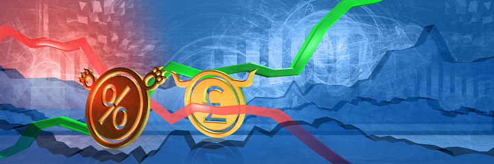 bearish central bank interest rates to gbp. financial stability or deflation concept in united kingdom. 3d illustration of cheap currency