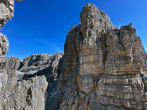 Iconic outdoors landscapes of the Dolomites: sunset on the pale mountains, as they are commonly called.