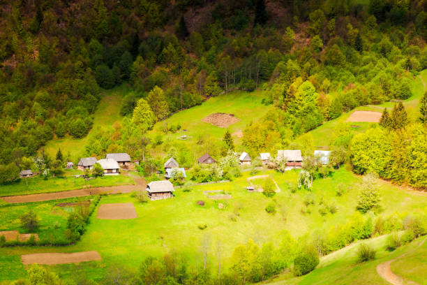 stunning view of a rural landscape in spring. village among trees and fields on the grassy slope in dappled light. beautiful mountainous scenery of transcarpathian region of ukraine