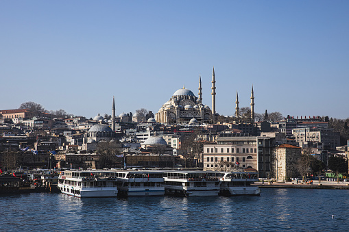 Istanbul, Turkey - April 14, 2012: Symbols of Istanbul like Galata Bridge, mosques and Golden Horn. Photo from Karakoy, Galata province.