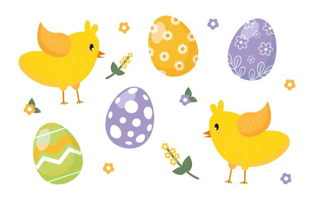 ilustrações, clipart, desenhos animados e ícones de feliz páscoa. ovos de páscoa e flores. desenho vetorial - baby chicken easter young bird banner