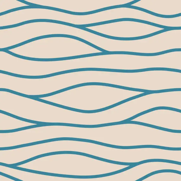Vector illustration of Modern wavy vector seamless pattern. Horizontal simple curved blue lines on beige background
