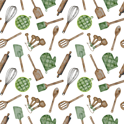 Watercolor cooking tools seamless pattern. Hand drawn rolling pin, mixing spoon, pastry brush, oven mitt, whisk, spatula isolated on white. Baking utensils background. Bakery kitchenware illustration