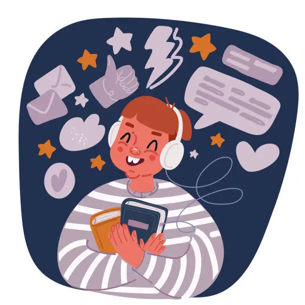 Vector illustration of Cartoon vector illustration o boy in headphones listens to music. Cute kid enjoy good sounds and online streaming. Musical online application, preschooler boy listens to podcast. Happy child.