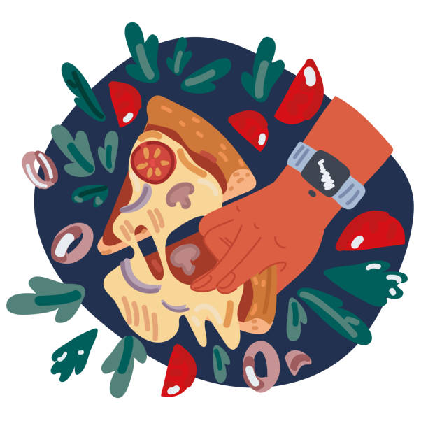 istock Cartoon vector illustration of Hand with triangle pizza slice. Fingers holding piece 2048601543