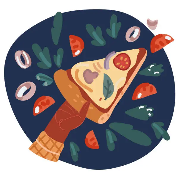 Vector illustration of Cartoon vector illustration of Hand with triangle pizza slice.