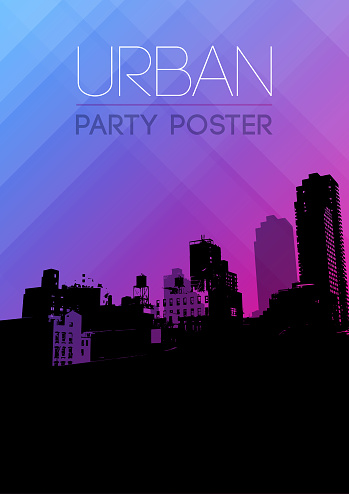 Bright neon pink, purple and blue colored bright vaporwave synthwave style modern urban party poster invitation vector background illustration