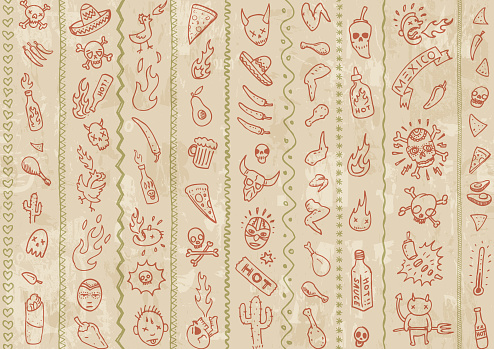 Red Spicy hand drawn style Mexican chicken hot wings and hot sauce sketches vector illustration on beige paper background. Seamless so will tile endlessly