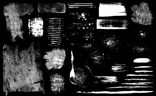 White grunge mesh, brush and sponge paint marks and textured patterns on black background illustration