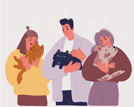 Cartoon vector illustration of Set of happy pet owners with dogs and cats. Collection of people playing, hugging, cuddling with four-legged animal friends.