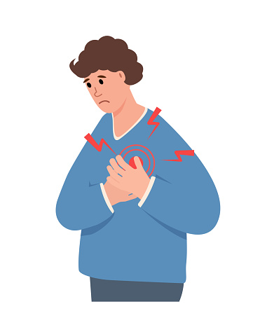 Young man suffering from chest pain. Heartache, heart attack symptoms, Healthcare, disease concept vector illustration isolated on white background.