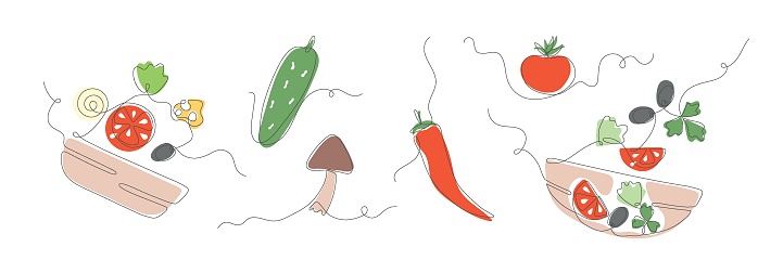 Line fresh vegetables. Colorful monoline vector illustrations for heathy menu, diet