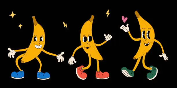 Vector illustration of Groovy retro banana cartoon character set with trendy design elements.