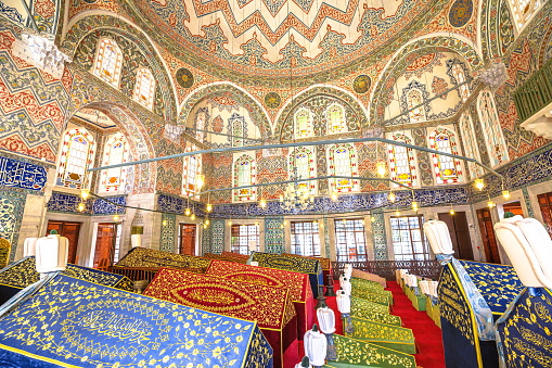 Istanbul, Turkey - Aug 1, 2023: graveyard tombs inside Hagia Sophia Burial chambers of Ottoman Sultans in Istanbul's museum, adorned with calligraphy, tile work, and mosaics. Includes five Sultans.