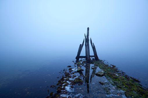 Den Osse Breakwaters in the mist, Zeeland, The Netherlands