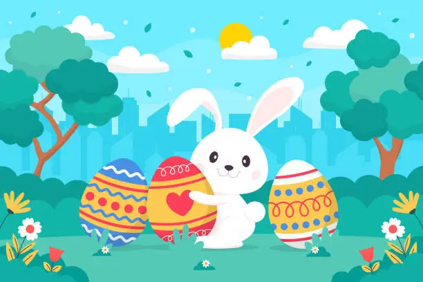 Vector illustration of Happy Easter Day Background with Rabbit Holding Easter Egg