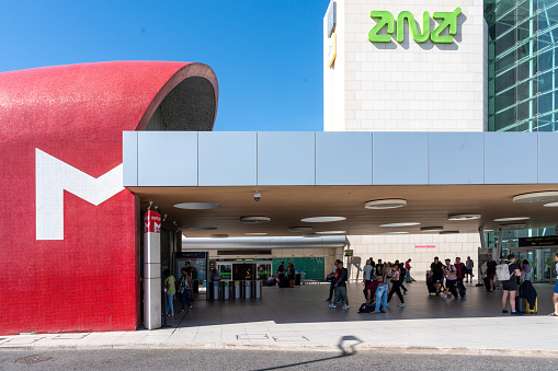 Lisbon, Portugal - October 5, 2023 Entrance sign of Lisbon Metro station at Humberto Delgado Airport, Portugal.