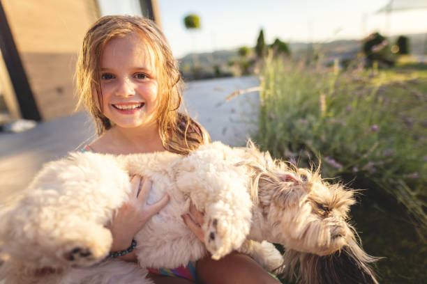 Summer portrait of a happy little girl holding her fluffy dog