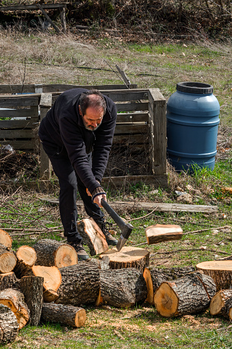 Simple Village Life: Man in Garden Splitting Logs with Axe