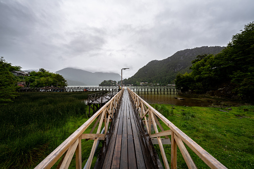 Walkways of Caleta Tortel in the chilean Patagonia on a rainy day
