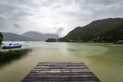 Old pier on a rainy day in Caleta Tortel, Chile Patagonia