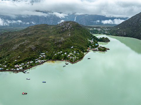 Aerial view of Caleta Tortel in Chile Patagonia on a rainy day