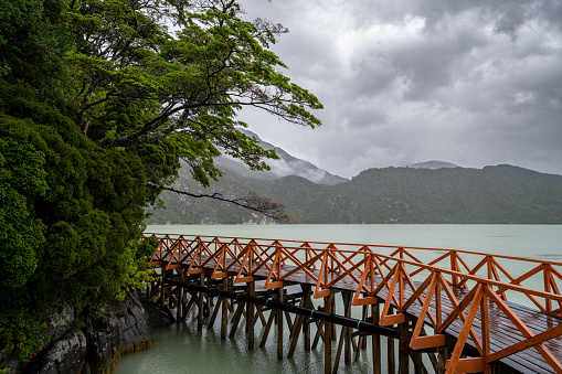 Walkways of Caleta Tortel in the chilean Patagonia on a rainy day