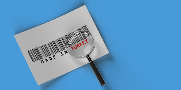 Made in Country concept barcode on white surface with black lines over coloured background, copy space and clipping path for easy editing. 3D Illustration Trade Marketing Poster Design.