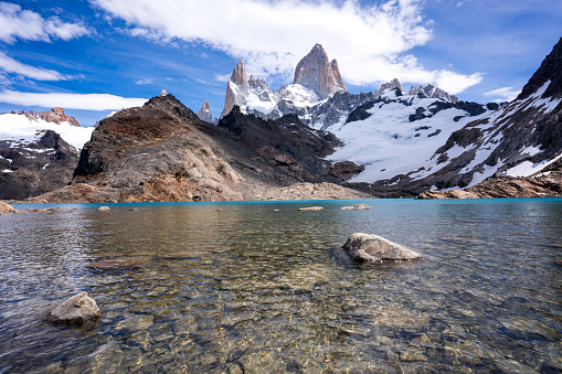 Low angle picture of the lake at the top of the Fitz Roy in Patagonia Argentina during the summer