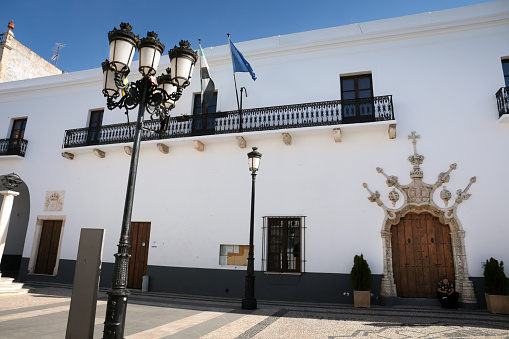 Mijas village city town hall in Costa del Sol beautiful Mediterranean white village whitewashed with flower pots in Malaga of Andalusia of Spain