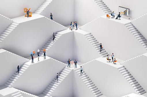Business people working together in an abstract environment concept with stairs representing career, growth, success, solution and achievement. 3D rendering