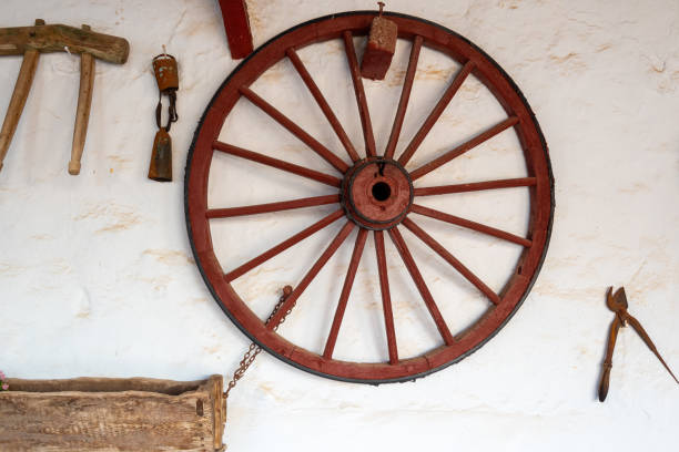istock Old cart wheel on the wall 2048739432