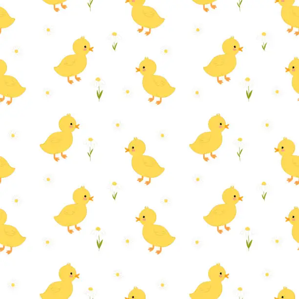 Vector illustration of Seamless pattern with cute funny yellow ducklings.
