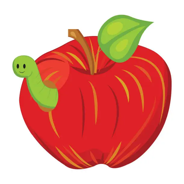 Vector illustration of Red apple with a smiling worm. Vector illustration in cartoon style isolated on a white background.