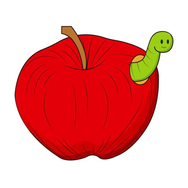 Vector illustration of Red apple with a smiling worm. Vector illustration in cartoon style isolated on a white background.
