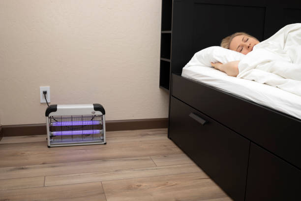 электрический комар или насекомое с синими фиолетовыми огнями, включенными рядом со спящим человеком в постели в спальне. лампа для уничто� - bug zapper стоковые фото и изображения