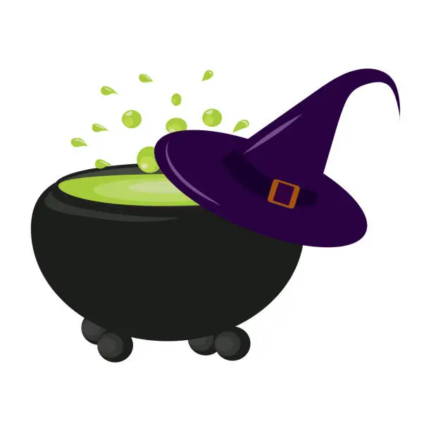 Vector illustration of Halloween magic cauldron with green potion with boiling magic brew and witches pointed hat. Vector illustration isolated on white background.