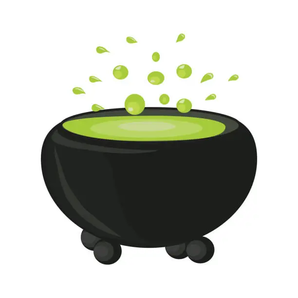 Vector illustration of Halloween magic cauldron with green potion with boiling magic brew. Vector illustration isolated on white background.