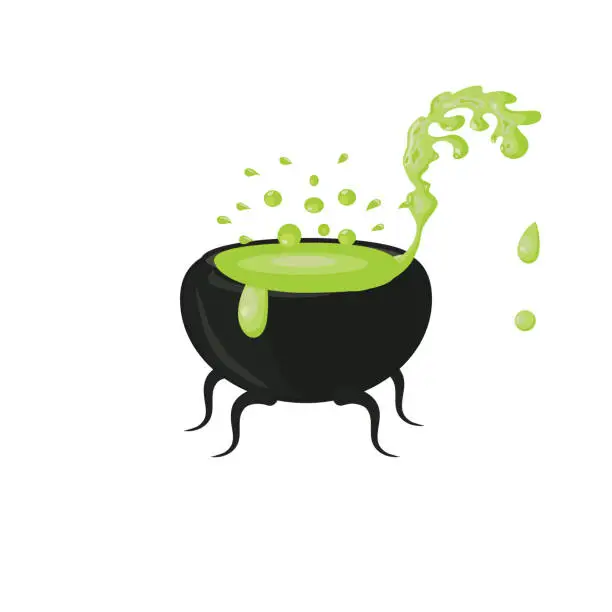 Vector illustration of A Halloween magic cauldron with a green potion and a boiling magical drink that spills out. Vector illustration isolated on