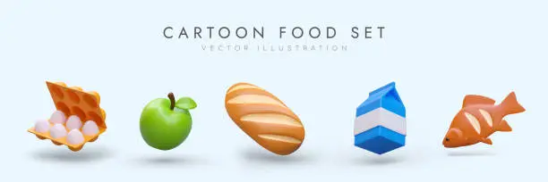 Vector illustration of Set of icons in cartoon style. Eggs, apple, bread, milk, fish