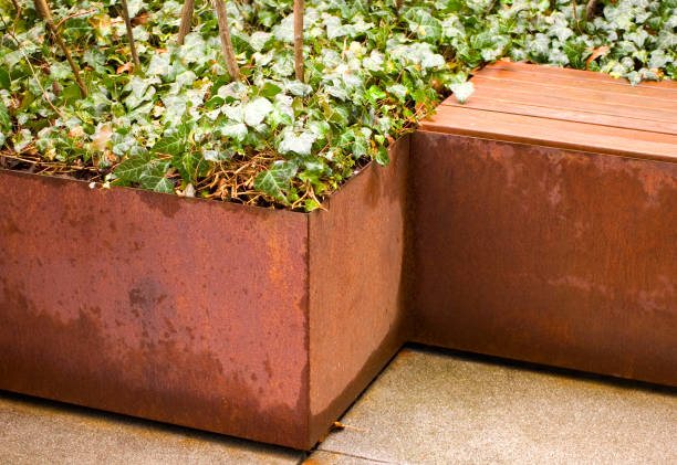 istock Green plants in corten flower pot close up. 2048808403