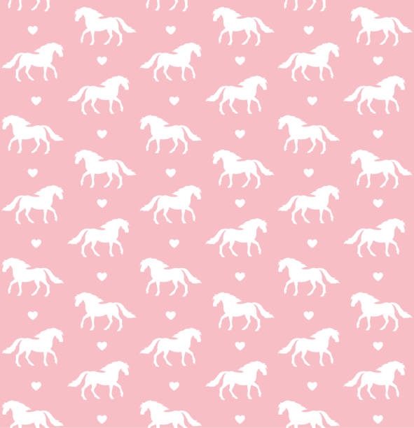 Vector seamless pattern of hand drawn sketch doodle horse and hearts silhouette isolated on pink background