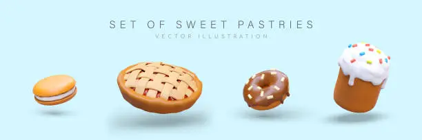 Vector illustration of Sandwich cookies with milk filling, round pie with lattice, donut with chocolate glaze, Easter cake