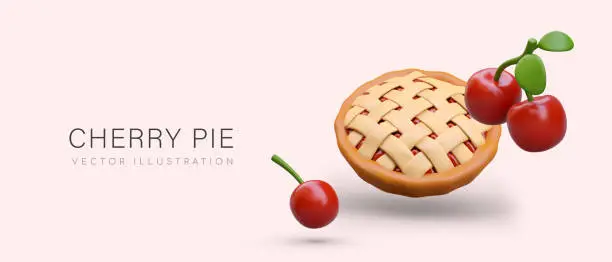 Vector illustration of Cherry pie. Realistic sweet berry cake with lattice. Classic warm dessert