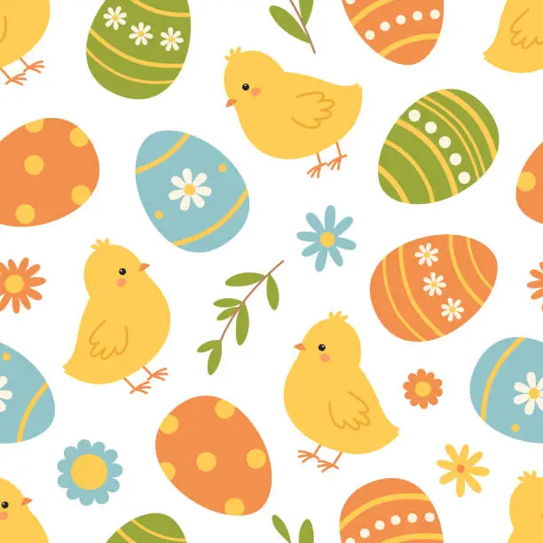 Vector illustration of Seamless pattern with easter eggs, chicks and flowers. Colorful holiday background. Vector flat illustration on white