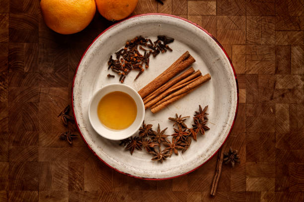 istock Top view of a wooden board with ingredients for mulled wine on a table 2048868671